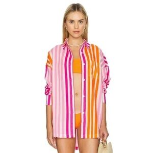 BEACH RIOT Alexa Stipe Top Button Up Coverup New Without Tag Pink Orange White